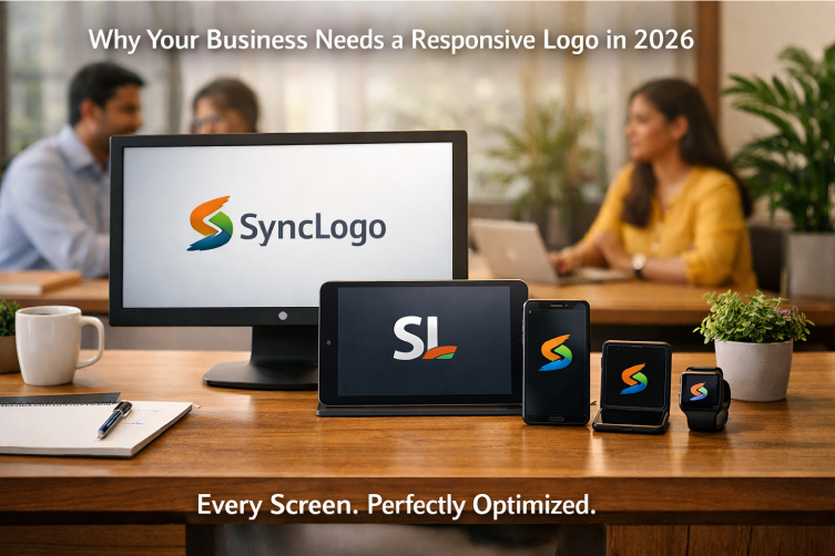 Responsive Logo displayed across desktop, tablet, mobile, and foldable phone in a modern Indian office setting