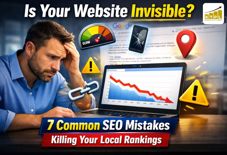 Is Your Website Invisible? 7 Common SEO Mistakes Killing Your Local Rankings SEO mistakes affecting website SEO and local rankings, showing a business owner struggling with poor search visibility