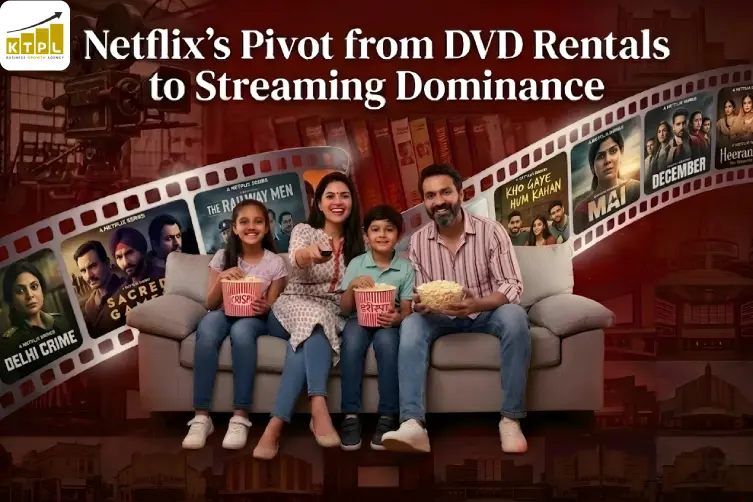 Netflix’s Pivot from DVD Rentals to Streaming Dominance A family sitting on a couch watching Netflix with a film strip overlay showing popular Indian original series like Sacred Games and Delhi Crime.