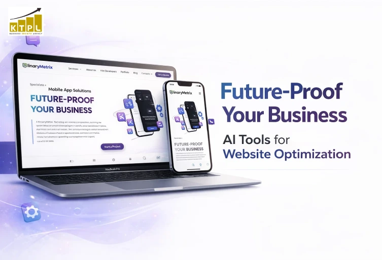 AI Tools for Website Optimization A laptop and a smartphone displaying a website for BinaryMetrix with the headline "Future-Proof Your Business," highlighting AI tools for website optimization.