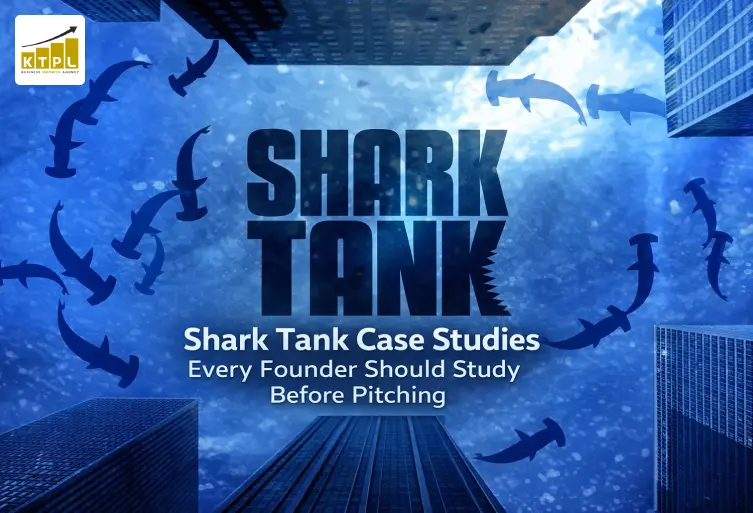 Shark Tank Case Studies Every Founder Should Study Before Pitching A graphic featuring the Shark Tank logo underwater with hammerhead shark silhouettes and city skyscrapers, titled "Shark Tank Case Studies Every Founder Should Study Before Pitching."