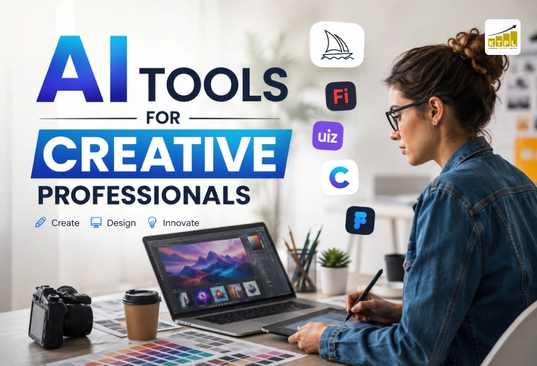 AI Tools for Creative Professionals AI Tools for Creative Professionals blog thumbnail featuring a modern creative workspace with a designer using AI-powered design software, digital illustration tools, and professional typography.